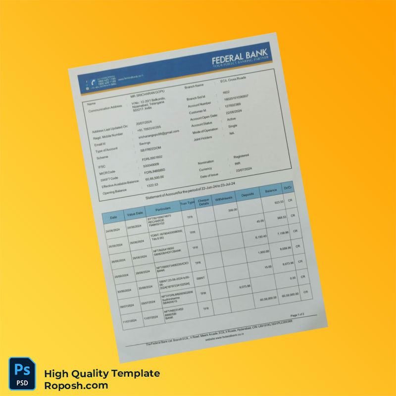 India Federal Bank Statement Template in Word and PDF formats 2 page India Federal Bank Statement Template in Word and PDF formats 2 page