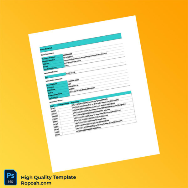 India Finvu Bank Statement Template in Word and PDF formats 3 page