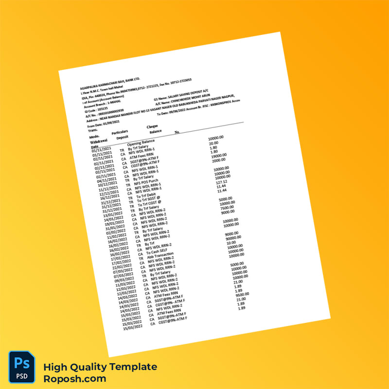 India GPUR MAHANAGARPALIKA KARMACHARI BAH BANK LTD Salary Bank Statement Template in Word and PDF formats 4 page India GPUR MAHANAGARPALIKA KARMACHARI BAH BANK LTD Salary Bank Statement Template in Word and PDF formats 4 page