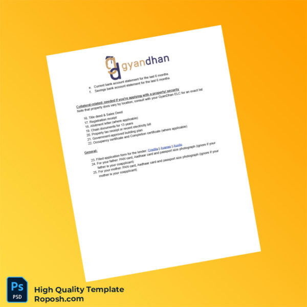 India GyanDhan Editable List of Documents Template in Word and PDF formats 2 page