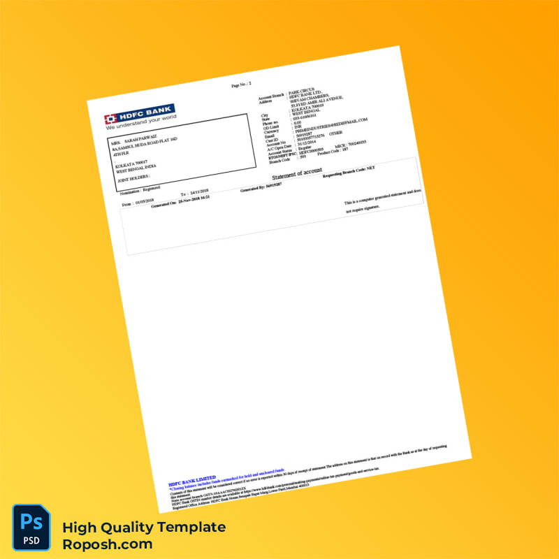 India HDFC Bank Account Statement Template in Word and PDF formats 2 page India HDFC Bank Account Statement Template in Word and PDF formats 2 page