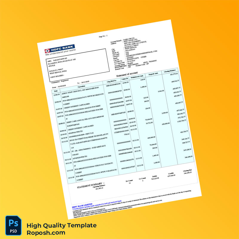 India HDFC Bank Account Statement Template in Word and PDF formats 2 page India HDFC Bank Account Statement Template in Word and PDF formats 2 page
