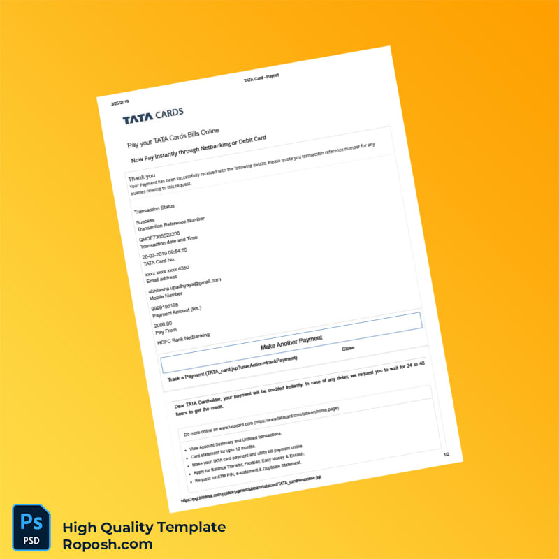 India HDFC Bank Editable Payment Confirmation Template in Word and PDF formats 2 page India HDFC Bank Editable Payment Confirmation Template in Word and PDF formats 2 page