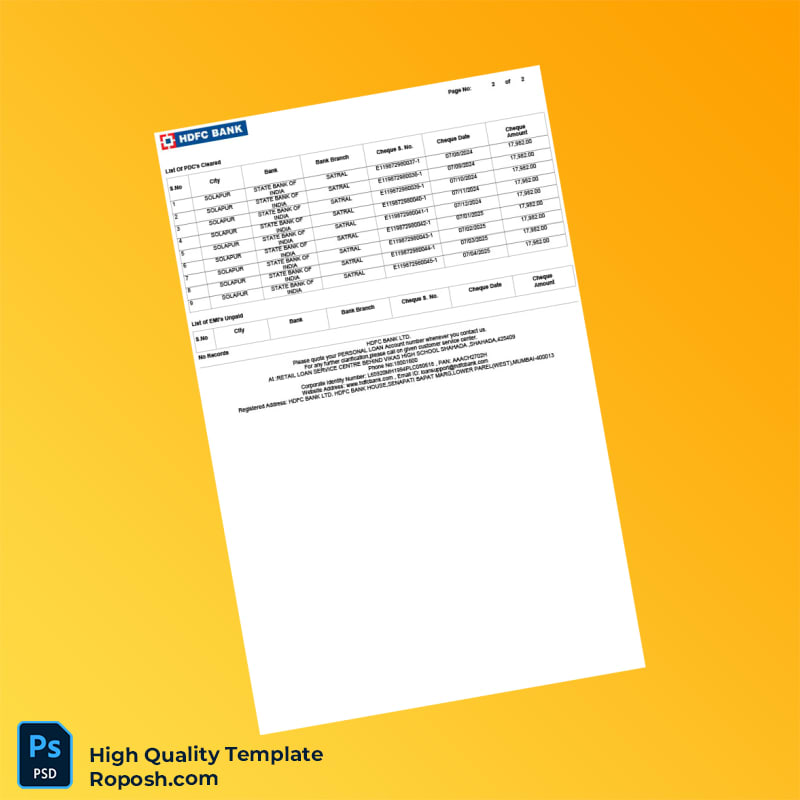 India HDFC Bank Loan Statement Template in Word and PDF formats 2 page India HDFC Bank Loan Statement Template in Word and PDF formats 2 page