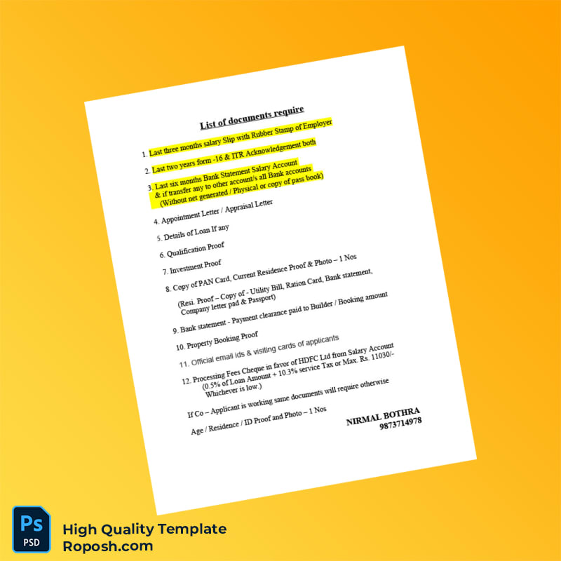 India HDFC Editable List of Docs Template in Word and PDF formats India HDFC Editable List of Docs Template in Word and PDF formats