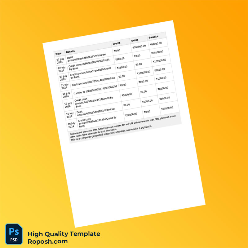 India Home Bank Bank Account Statement Template in Word and PDF formats 2 page India Home Bank Bank Account Statement Template in Word and PDF formats 2 page