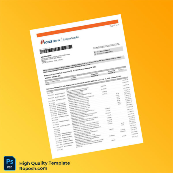 India ICI Bank Bank Statement Template in Word and PDF formats 4 page