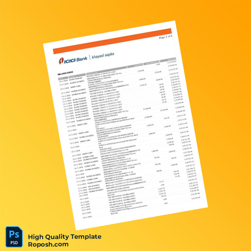 India ICI Bank Bank Statement Template in Word and PDF formats 4 page India ICI Bank Bank Statement Template in Word and PDF formats 4 page