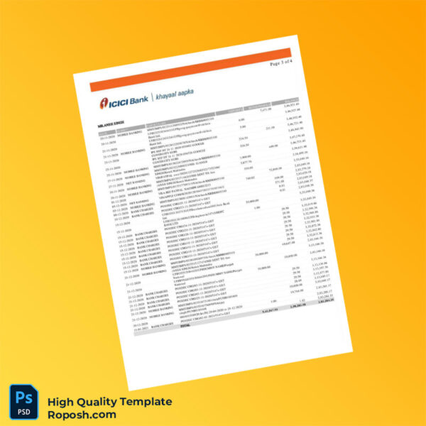 India ICI Bank Bank Statement Template in Word and PDF formats 4 page