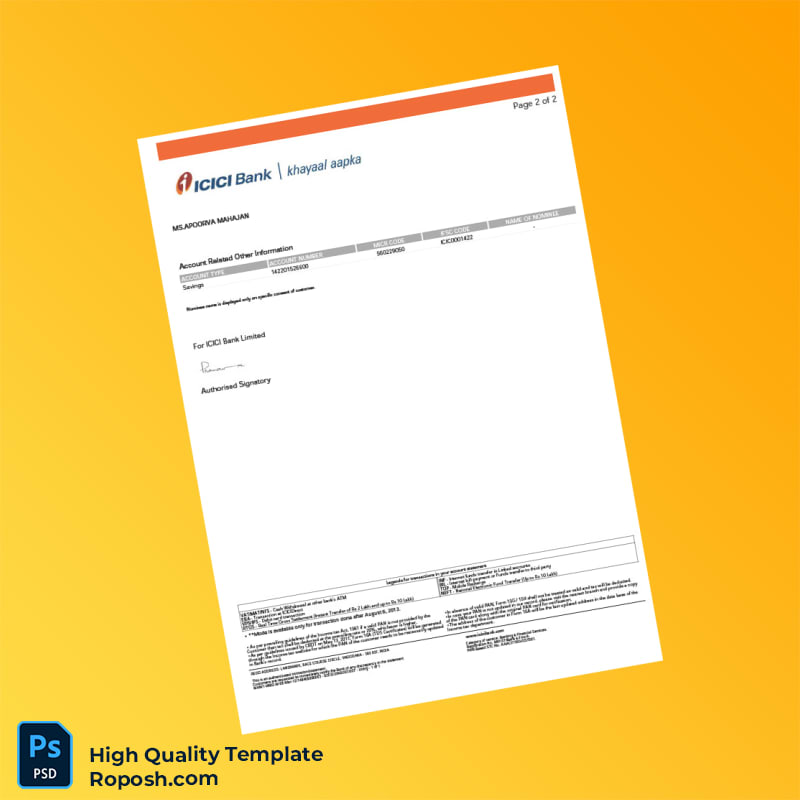 India ICICI Bank Bank Statement Template in Word and PDF formats 2 page India ICICI Bank Bank Statement Template in Word and PDF formats 2 page