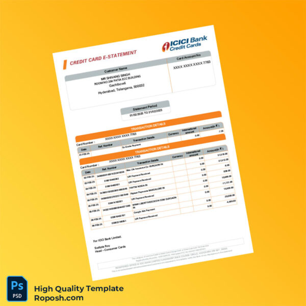 India ICICI Bank Credit Card Statement Template in Word and PDF formats 2 page