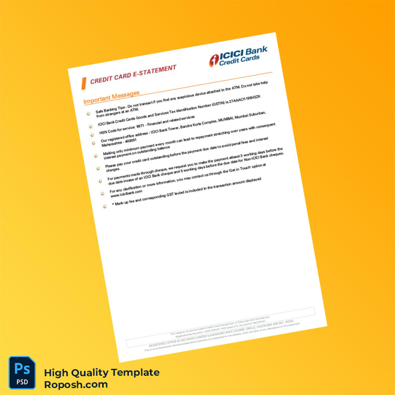 India ICICI Bank Credit Card Statement Template in Word and PDF formats 2 page India ICICI Bank Credit Card Statement Template in Word and PDF formats 2 page