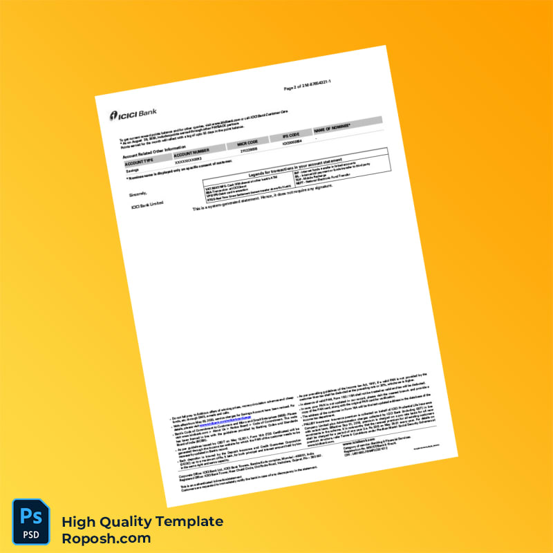 India ICICI Bank Statement Template in Word and PDF formats 2 page India ICICI Bank Statement Template in Word and PDF formats 2 page