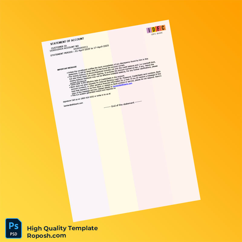 India IDFC Bank Statement Template in Word and PDF formats 3 page India IDFC Bank Statement Template in Word and PDF formats 3 page