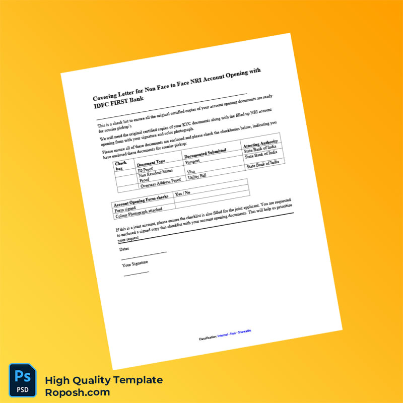 India IDFC FIRST Bank Editable Covering Letter for Non Face to Face NRI Account Opening Template in Word and PDF formats India IDFC FIRST Bank Editable Covering Letter for Non Face to Face NRI Account Opening Template in Word and PDF formats