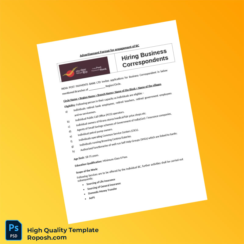 India India Post Payments Bank Ltd Editable Advertisement Format Template in Word and PDF formats 2 page India India Post Payments Bank Ltd Editable Advertisement Format Template in Word and PDF formats 2 page