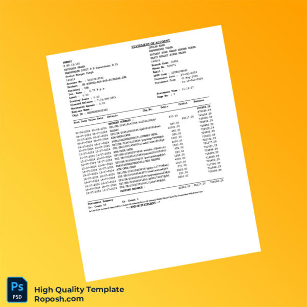 India Indian Bank Statement Template in Word and PDF formats 2 page