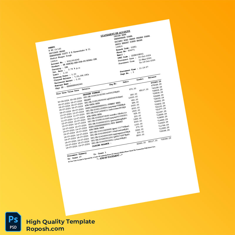 India Indian Bank Statement Template in Word and PDF formats 2 page India Indian Bank Statement Template in Word and PDF formats 2 page