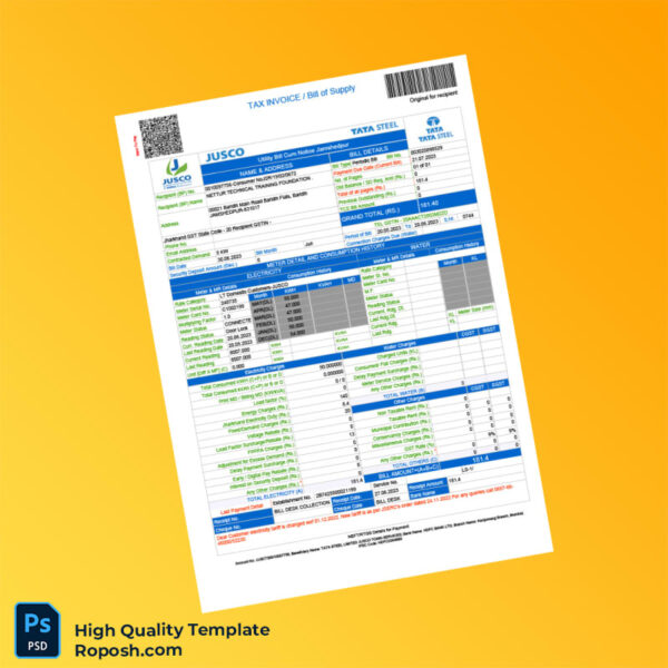 India JUSCO Editable Electricity Bill Template in Word and PDF formats