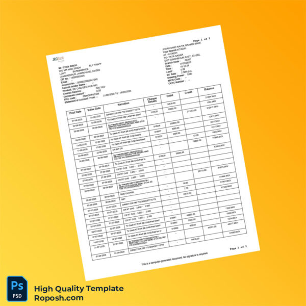 India Jharkhand Rajya Gramin Bank Bank Statement Template in Word and PDF formats 2 page