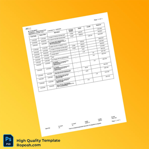 India Jharkhand Rajya Gramin Bank Bank Statement Template in Word and PDF formats 2 page