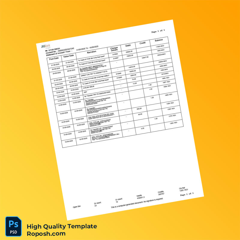 India Jharkhand Rajya Gramin Bank Bank Statement Template in Word and PDF formats 2 page India Jharkhand Rajya Gramin Bank Bank Statement Template in Word and PDF formats 2 page