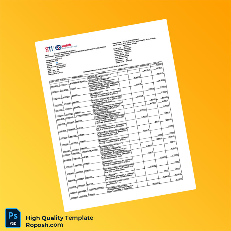 India Kotak Mahindra Bank Bank Statement Template in Word and PDF formats 2 page India Kotak Mahindra Bank Bank Statement Template in Word and PDF formats 2 page