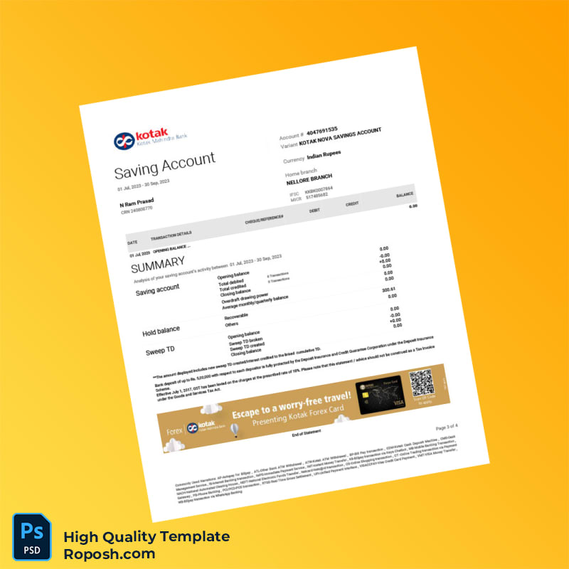 India Kotak Mahindra Bank Statement Template in Word and PDF formats 4 page India Kotak Mahindra Bank Statement Template in Word and PDF formats 4 page