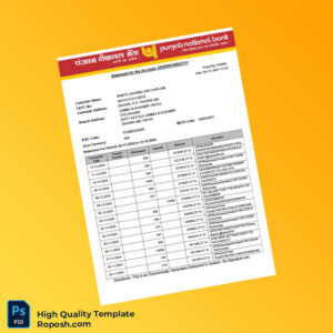 India PUNJAB NATIONAL BANK Statement Template in Word and PDF formats 2 page