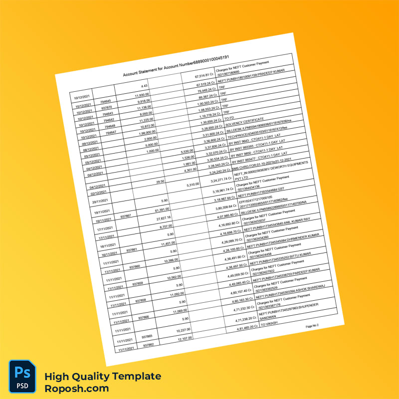 India Punjab National Bank Account Statement Template in Word and PDF formats 4 page India Punjab National Bank Account Statement Template in Word and PDF formats 4 page