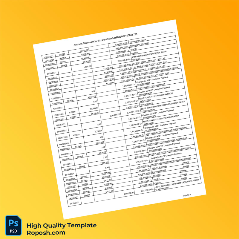 India Punjab National Bank Account Statement Template in Word and PDF formats 4 page India Punjab National Bank Account Statement Template in Word and PDF formats 4 page