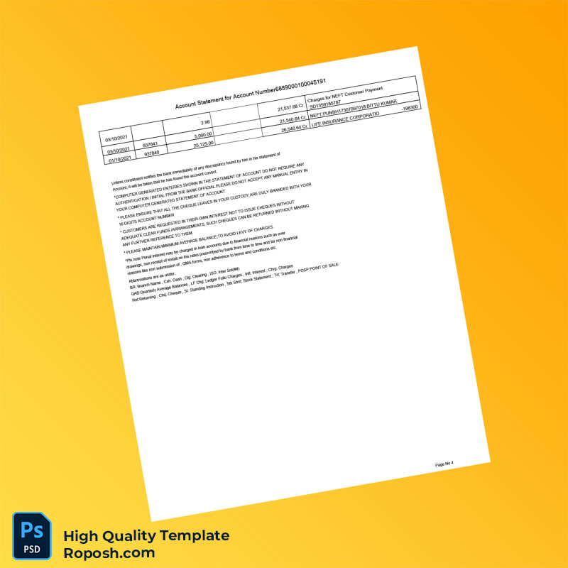 India Punjab National Bank Account Statement Template in Word and PDF formats 4 page India Punjab National Bank Account Statement Template in Word and PDF formats 4 page