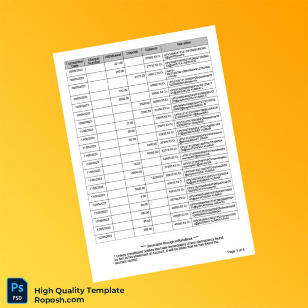 India Punjab National Bank Bank Statement Template in Word and PDF formats 4 page