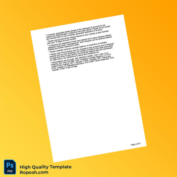 India Punjab National Bank Bank Statement Template in Word and PDF formats 4 page