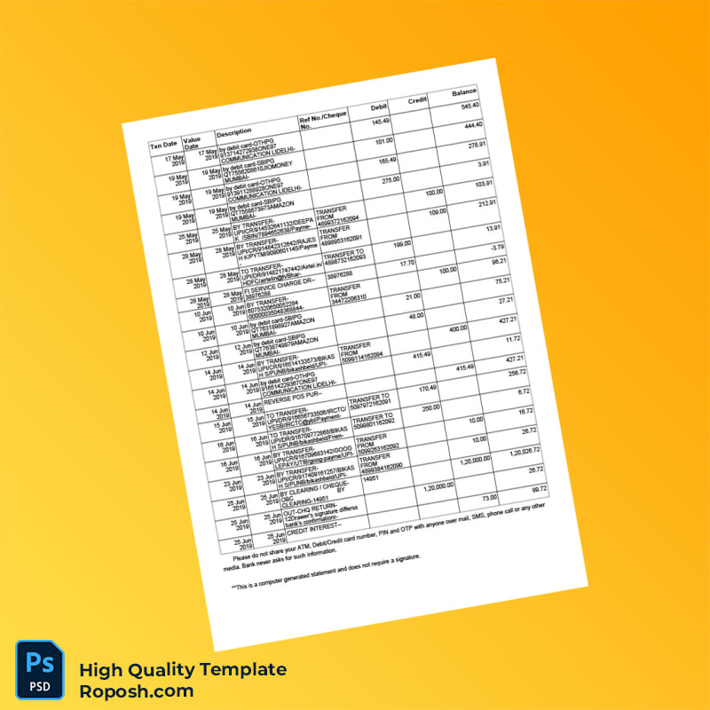 India Reserve Bank Of India Account Statement Template in Word and PDF formats 7 page India Reserve Bank Of India Account Statement Template in Word and PDF formats 7 page