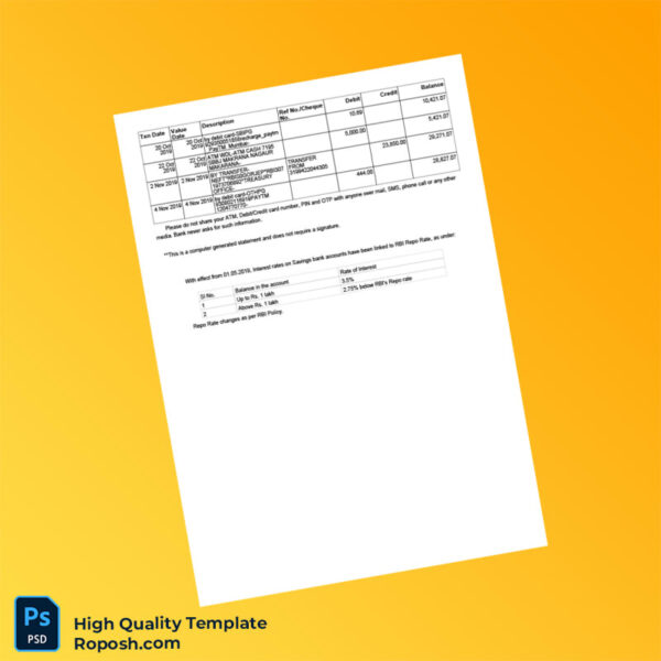 India Reserve Bank Of India Bank Account Statement Template in Word and PDF formats 3 page