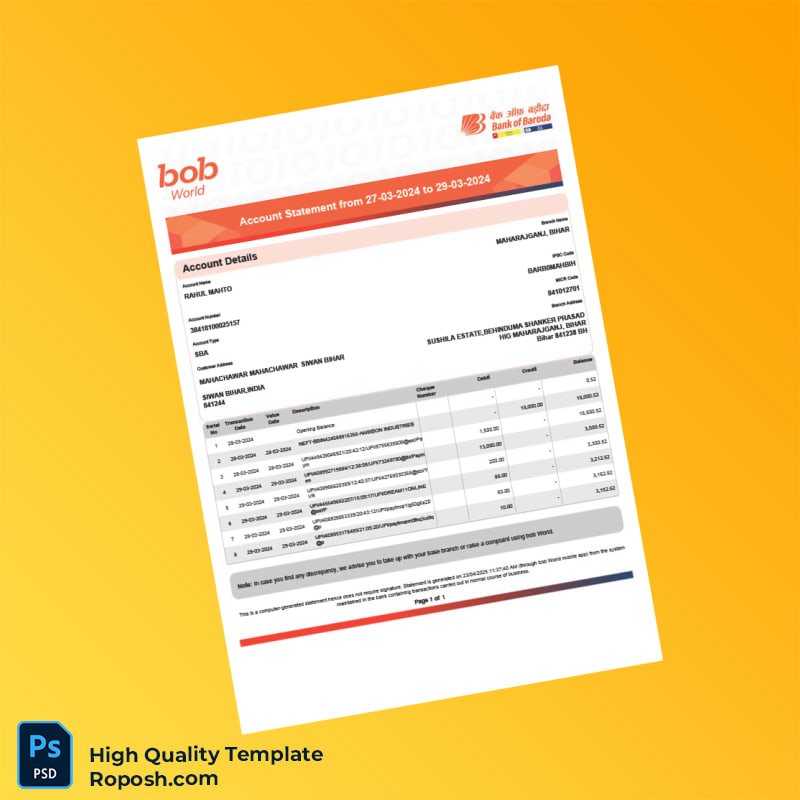 India SBA Bank Statement Template in Word and PDF formats India SBA Bank Statement Template in Word and PDF formats