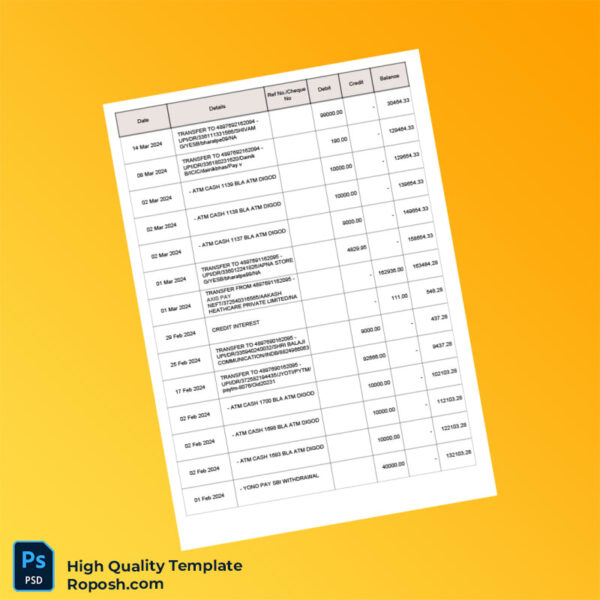 India SBI Account Statement Template in Word and PDF formats 6 page
