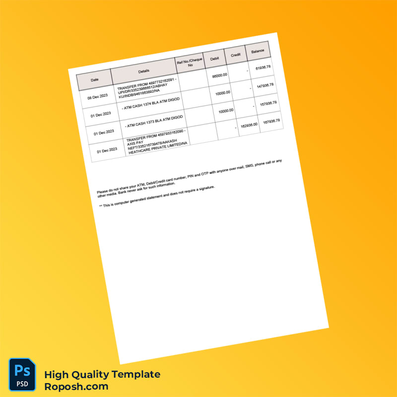 India SBI Account Statement Template in Word and PDF formats 6 page India SBI Account Statement Template in Word and PDF formats 6 page
