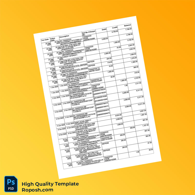 India SBI Bank Statement Template in Word and PDF formats 8 page India SBI Bank Statement Template in Word and PDF formats 8 page