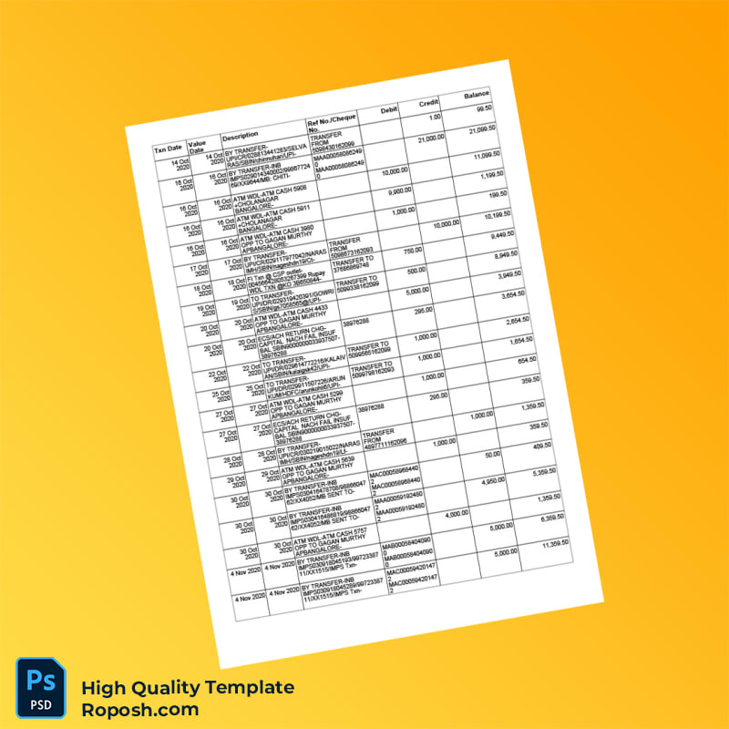 India SBI Bank Statement Template in Word and PDF formats 8 page India SBI Bank Statement Template in Word and PDF formats 8 page