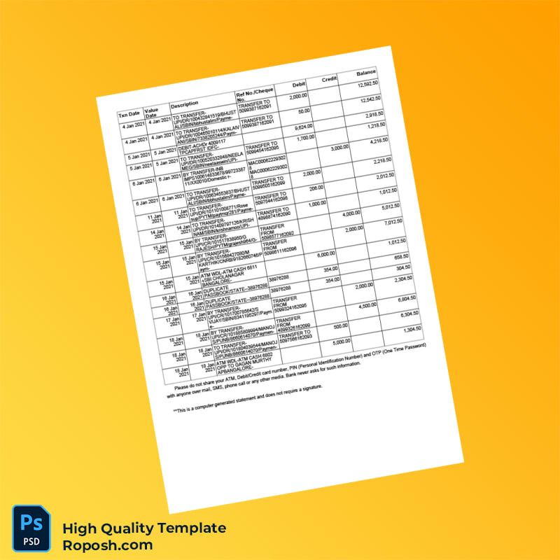 India SBI Bank Statement Template in Word and PDF formats 8 page India SBI Bank Statement Template in Word and PDF formats 8 page