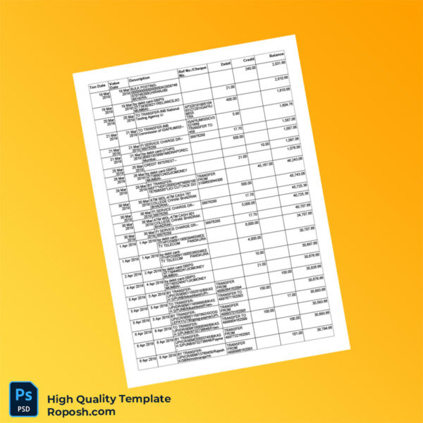 India SBI Personal Bank Statement Template in Word and PDF formats 7 page