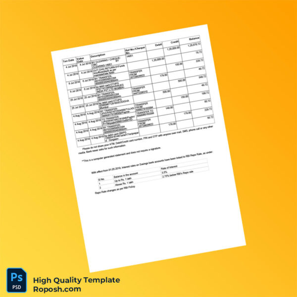 India SBI Personal Bank Statement Template in Word and PDF formats 7 page