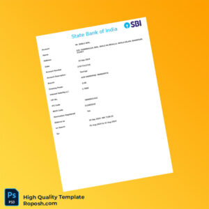 India SBI Savings Account Statement Template in Word and PDF formats 2 page