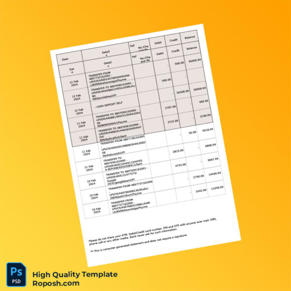 India SBI Savings Account Statement Template in Word and PDF formats 2 page
