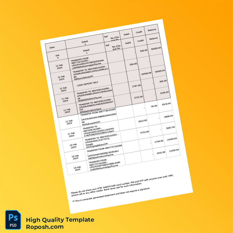 India SBI Savings Account Statement Template in Word and PDF formats 2 page India SBI Savings Account Statement Template in Word and PDF formats 2 page
