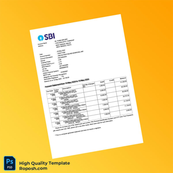 India SBIN Bank Statement Template in Word and PDF formats