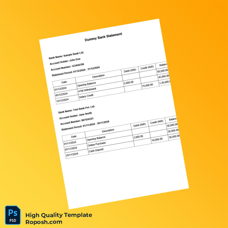 India Sample Bank Ltd Bank Statement Template in Word and PDF formats India Sample Bank Ltd Bank Statement Template in Word and PDF formats