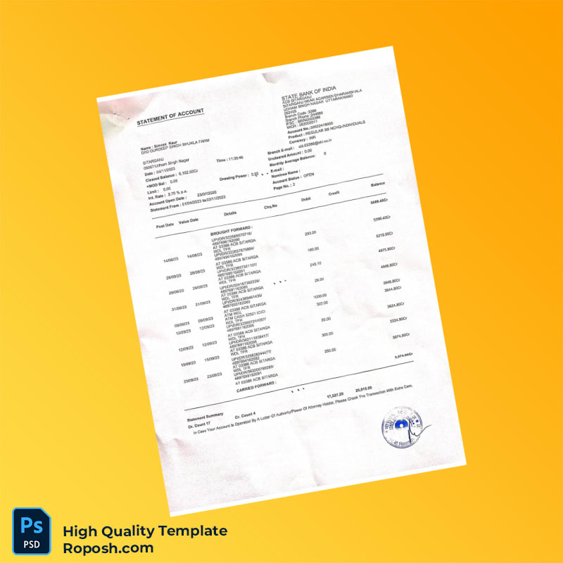 India Simran Bank Statement Template in Word and PDF formats 4 page India Simran Bank Statement Template in Word and PDF formats 4 page